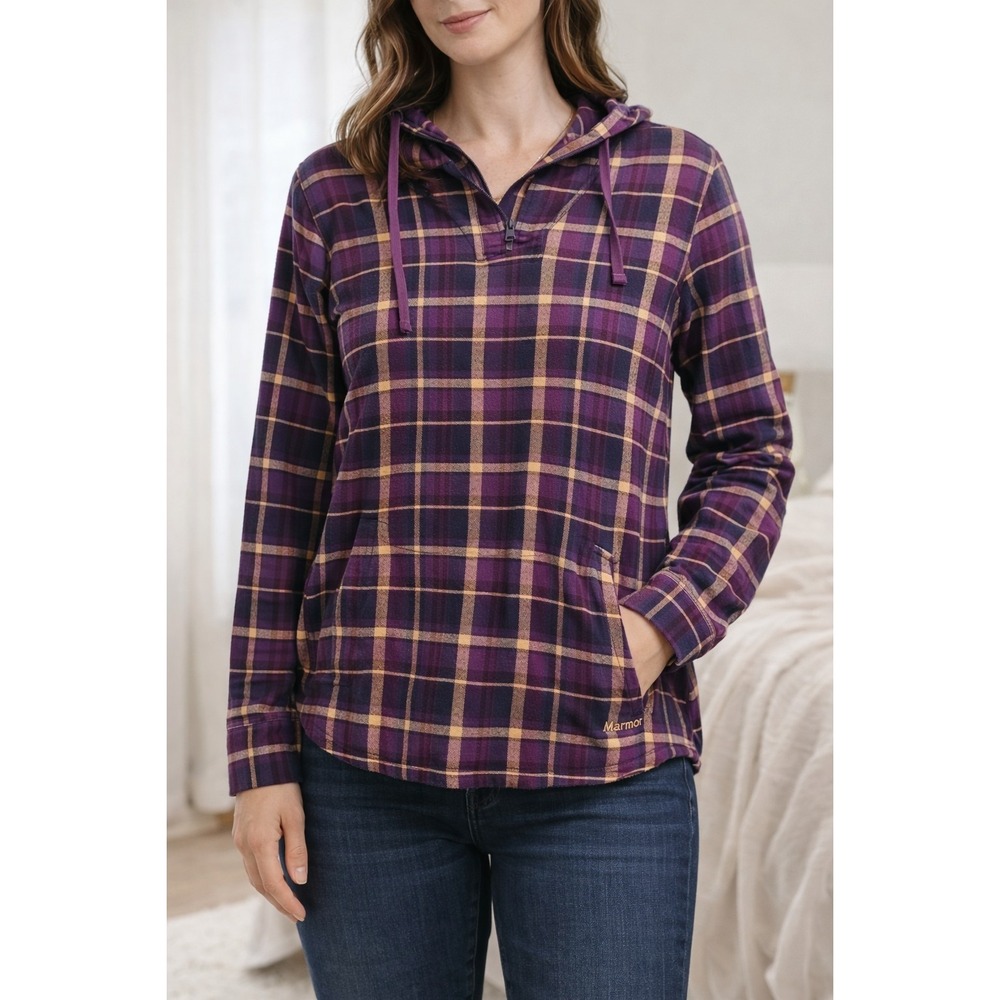 Marmot Women's Lakota Lightweight Flannel  Button-down Plaid Sz S Pockets Hoodie